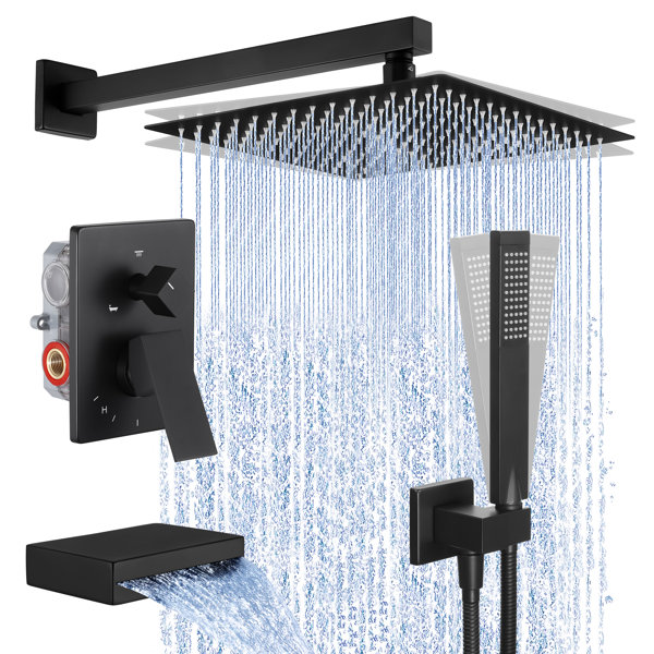 KES Black Shower Faucet Set Complete 12inch Rainfall Shower Head with